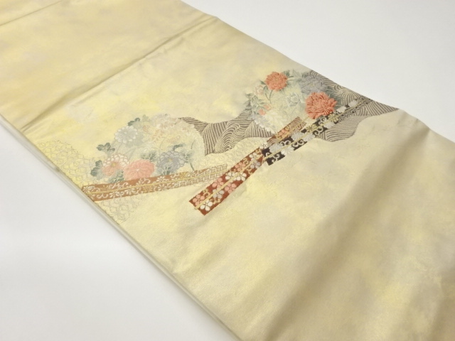 引箔道長取りに扇子・花々模様織出し名古屋帯